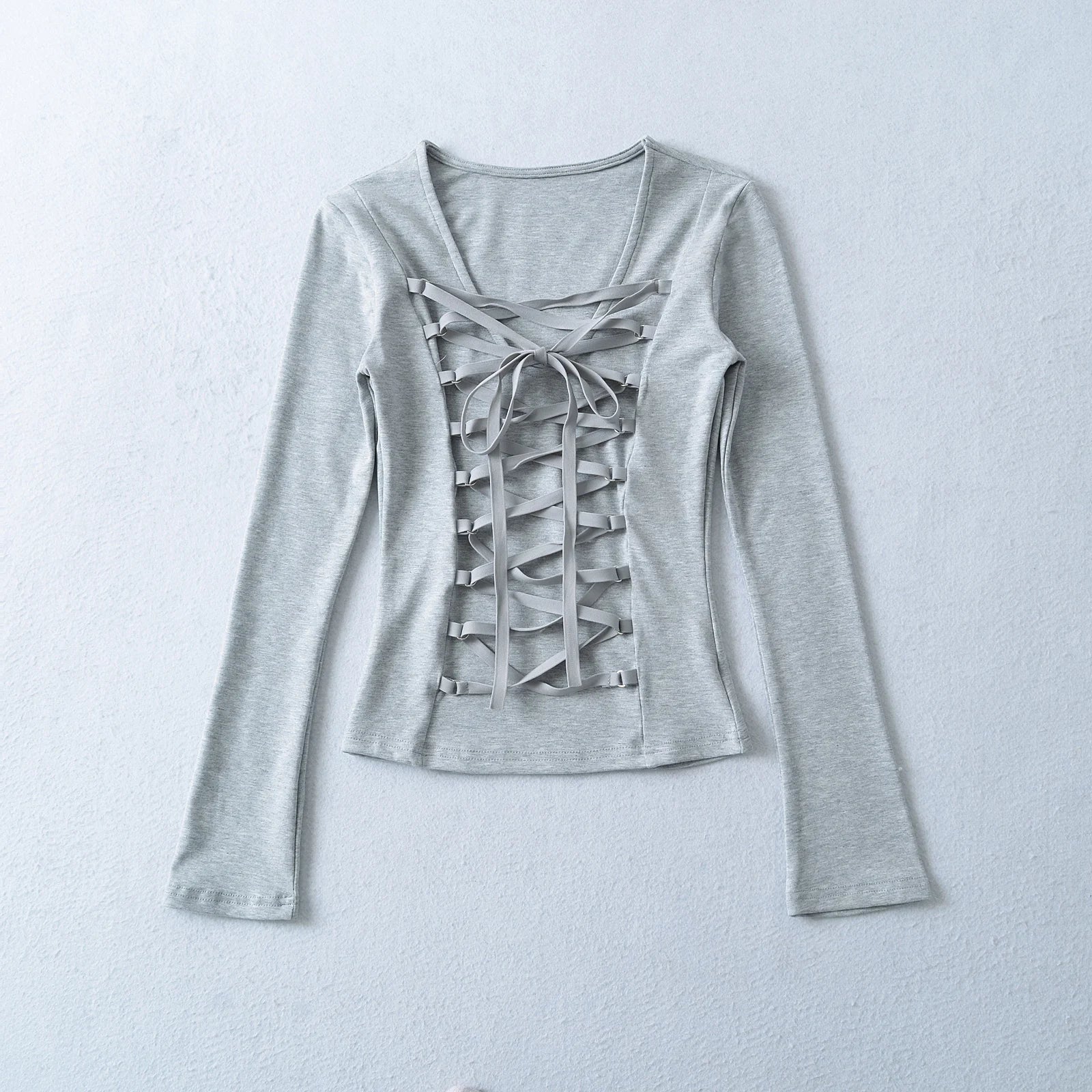 Crisluvᵀᴹ Women’s Y2K Lace-Up V-Neck Cropped Long Sleeve Top