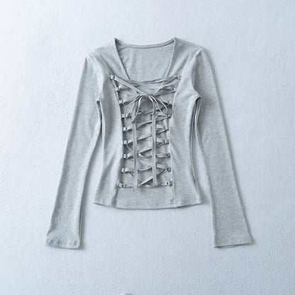 Crisluvᵀᴹ Women’s Y2K Lace-Up V-Neck Cropped Long Sleeve Top