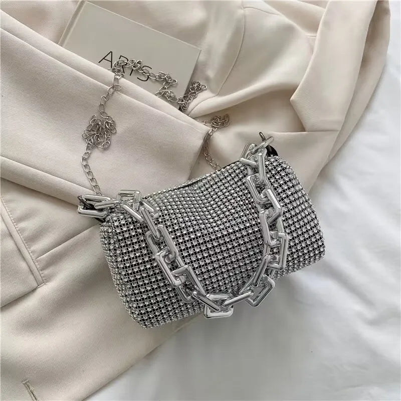 Allover Rhinestone Bucket Bag, Glitter Chain Prom Purse, Women&