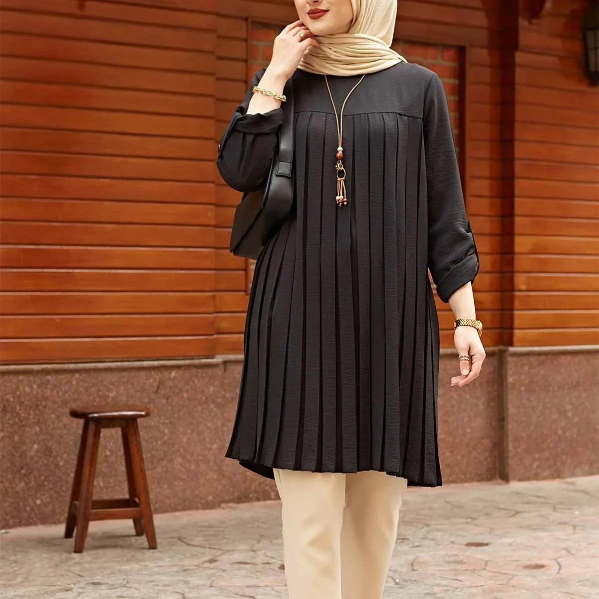 Crisluv™ Modest Pleated Long Shirt – Adjustable Sleeve Islamic O-Neck Top