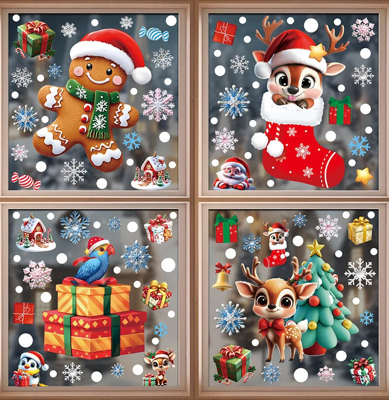 Christmas decorations, gingerbread figurines, snowmen, snowflake glass stickers, Christmas party decorations