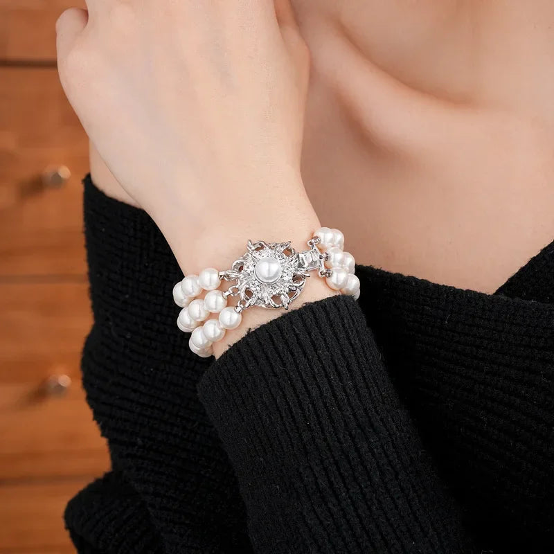 DREJEW Flower Multi-layer Pearl Jewelry Set for Woemn Fashion Bracelet French Fashion Light Luxury Temperament Accessories Sets