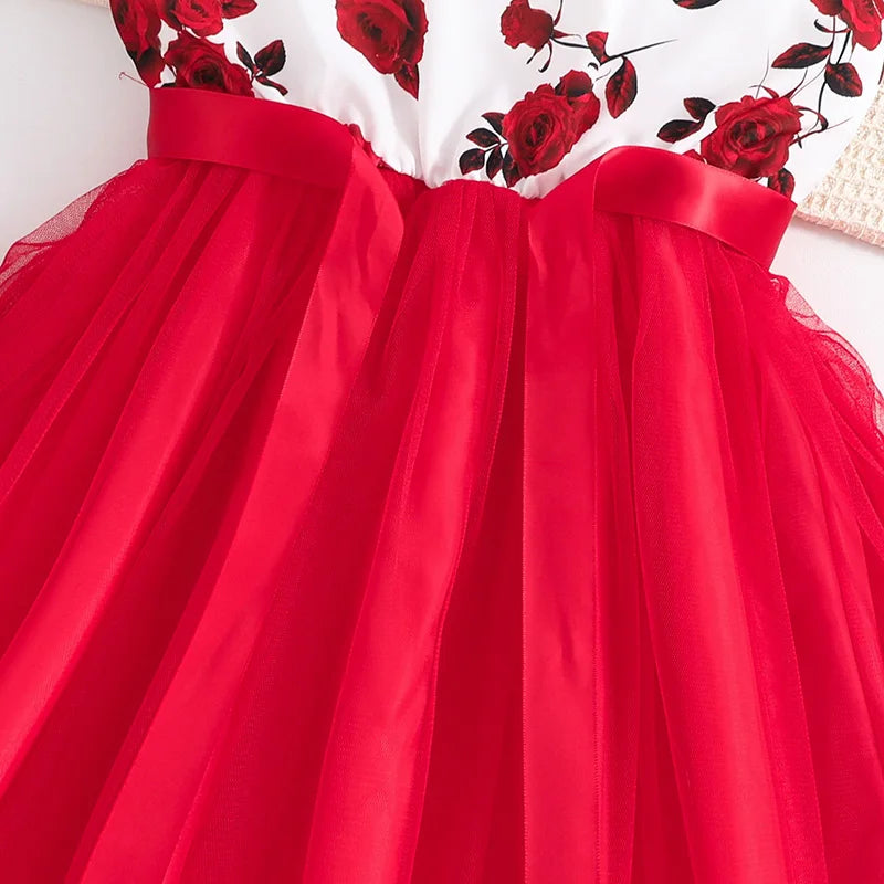 Set For Kids Girl 8-12 Years Ruffled Sleeve Rose Floral Print Tulle Cute Princess Formal Dresses with Belt Ootd For Baby Girls