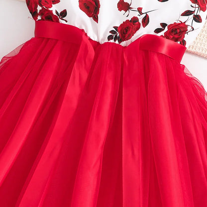 Set For Kids Girl 8-12 Years Ruffled Sleeve Rose Floral Print Tulle Cute Princess Formal Dresses with Belt Ootd For Baby Girls