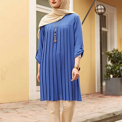 Crisluv™ Modest Pleated Long Shirt – Adjustable Sleeve Islamic O-Neck Top