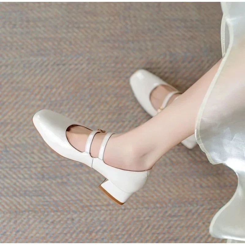 French Patent Leather Mary Jane Shoes – Retro Wine Red Slip-On with Buckle Low Heel