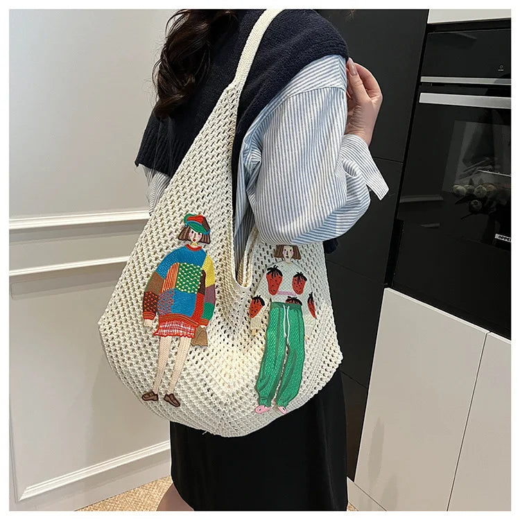 Hollow Mesh Knitted Shoulder Bag Beach Vacation Slouchy Chic Cartoon Tote Bag Lightweight Laid-Back Casual Woven Women Handbag