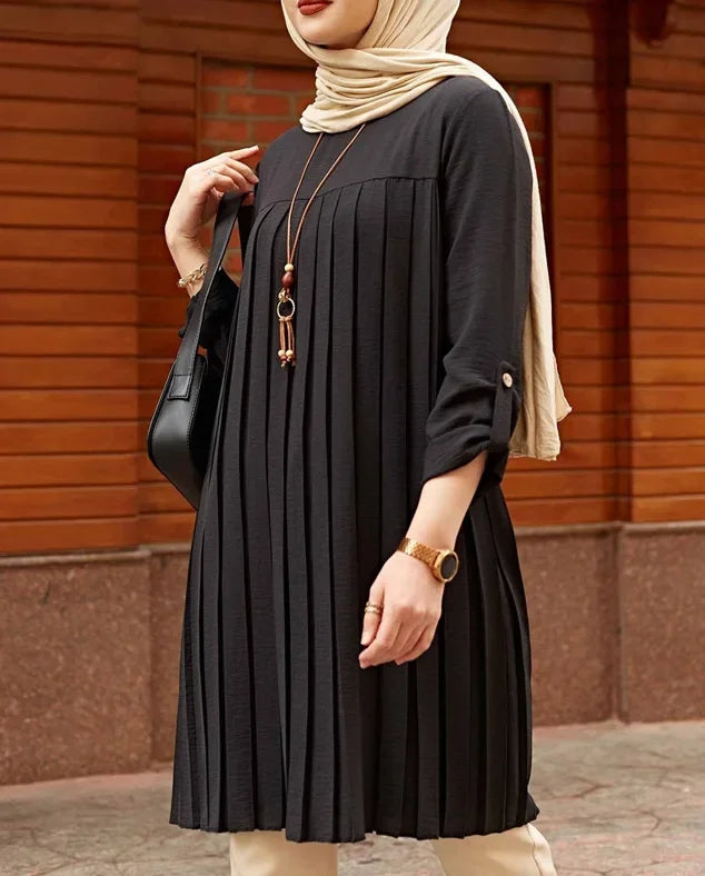 Crisluv™ Modest Pleated Long Shirt – Adjustable Sleeve Islamic O-Neck Top