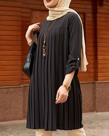 Crisluv™ Modest Pleated Long Shirt – Adjustable Sleeve Islamic O-Neck Top