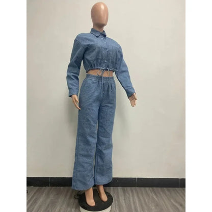 Women Denim Pant Sets Two Piece Pants Sets Sexy Turn Down Collar Full Sleeve Coats Tops Jackets Long Pants High Elastic Waist