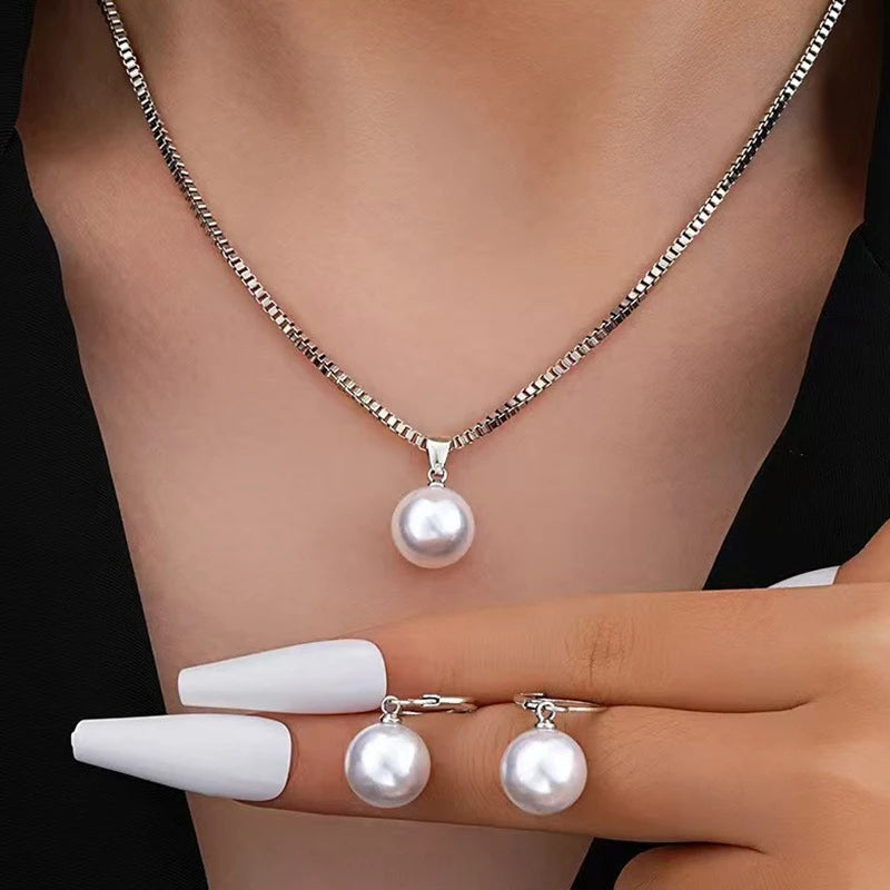 2 Pieces Of Round Pearl Jewelry Set, Earrings, Pendants, Necklaces, Ladies&