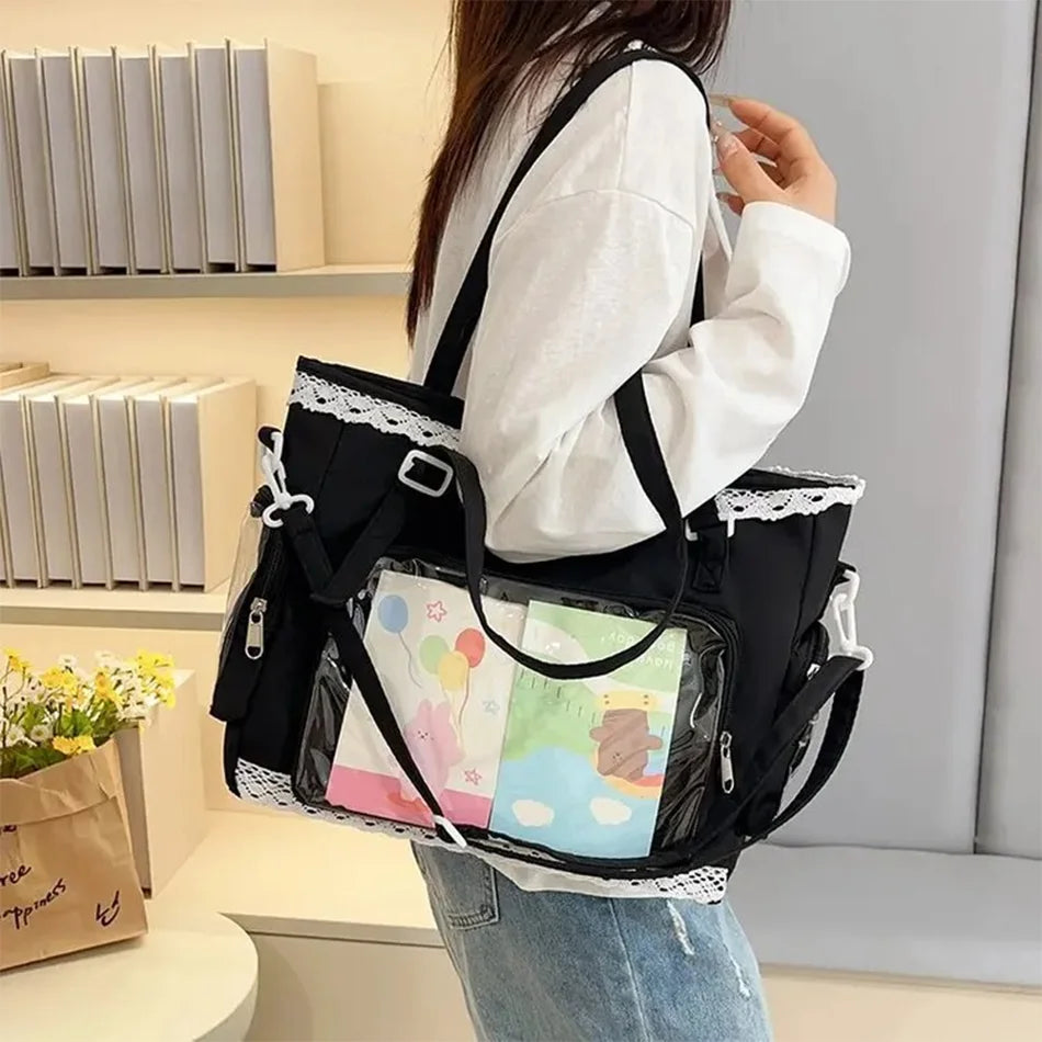 Japan Style Preppy Messenger Bag with Cute Bow Anime Shoulder Crossbody Bag For Sweet JK Girls Tote Bag