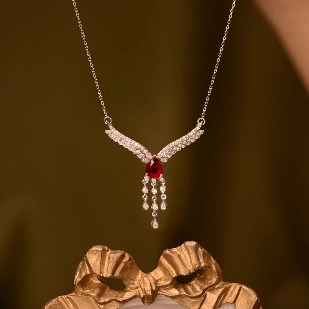 Luxurious and showy red gemstone necklace for women silver 925 inlaid diamonds wings collar chain exquisite wedding jewelry