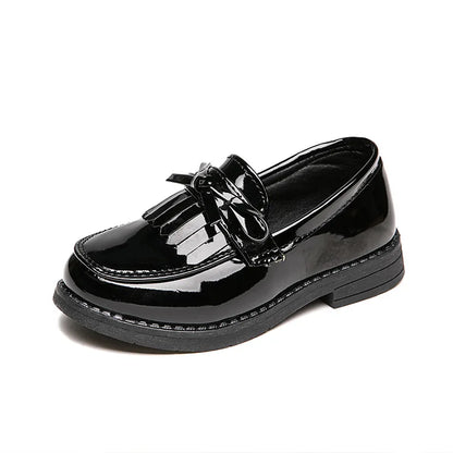 Girls Casual Leather Shoes Kids Flats Tassels with Bow-knot British Style Soft Slip-on Loafers for Wedding Party Bright Skin New