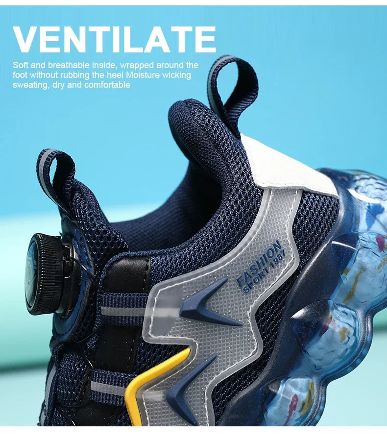 Children Shoes Thick Soled Running Rotary Buckle Kids Sports Casual Tennis For Girls Boys Outdoor Mesh Breathable Unisex Sneaker