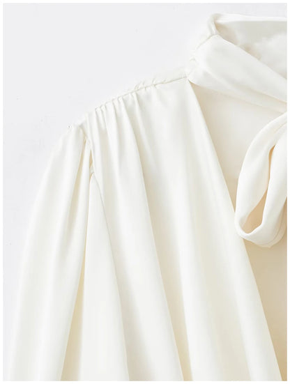 Womens Satin Textured Backless Blouse With Bow Detail Long Sleeves Elegant And Silky Women S Shirt Top For Everyday Casual Wear