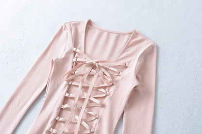 Crisluvᵀᴹ Women’s Y2K Lace-Up V-Neck Cropped Long Sleeve Top