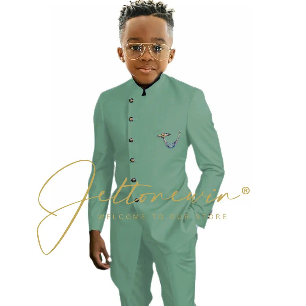 Royal Blue African Design Boys Suits Set For Wedding Formal Tuxedo Kids Costume Piano Performance Children Tailor Made