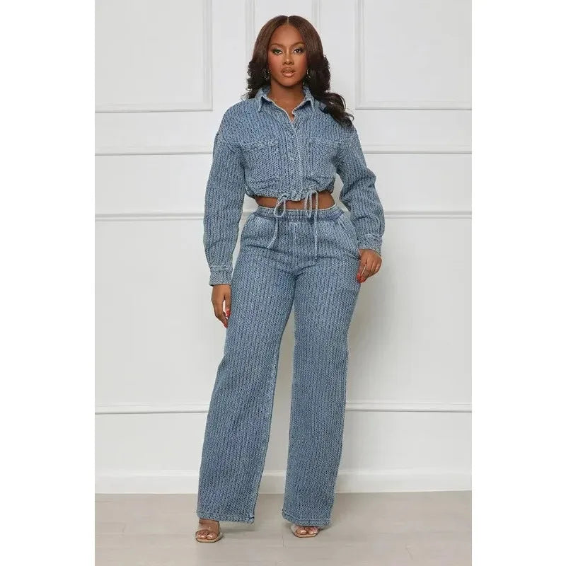 Women Denim Pant Sets Two Piece Pants Sets Sexy Turn Down Collar Full Sleeve Coats Tops Jackets Long Pants High Elastic Waist