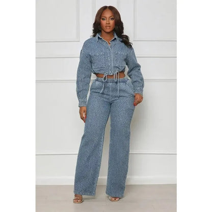 Women Denim Pant Sets Two Piece Pants Sets Sexy Turn Down Collar Full Sleeve Coats Tops Jackets Long Pants High Elastic Waist