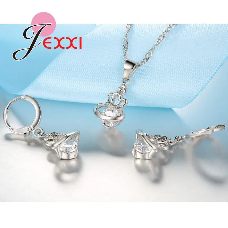 New Arrival 925 Sterling Silver Bridal Jewelry Set Crystal Drop Crown Universe Round Pendant Necklace Earrings Sets