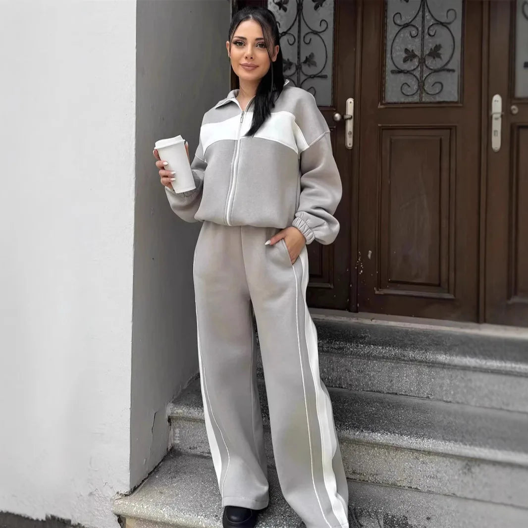 Casual High Neck Zipper Top And Straight Leg Pants Two Piece Set for women Comfortable Leisure