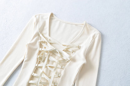 Crisluvᵀᴹ Women’s Y2K Lace-Up V-Neck Cropped Long Sleeve Top