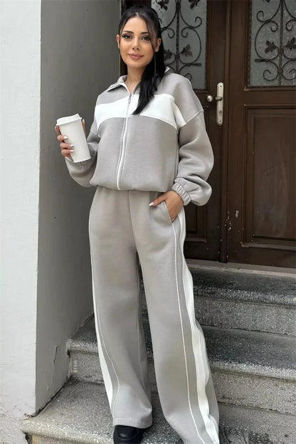 Casual High Neck Zipper Top And Straight Leg Pants Two Piece Set for women Comfortable Leisure