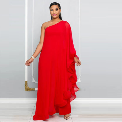 Crisluvᵀᴹ One-Shoulder Ruffle Sleeve Women’s Jumpsuit Elegant Slim Fit Aysmmetric Fashion Autumn