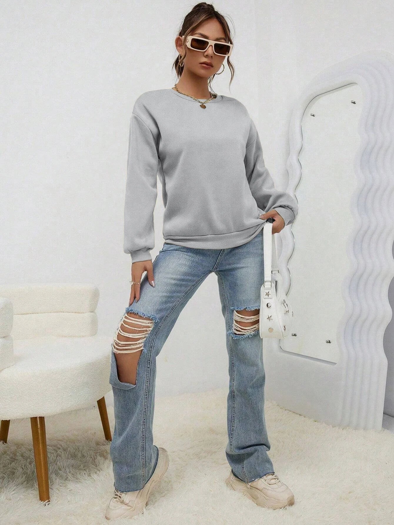 Women’s Casual Solid Color Hoodie – Loose Crewneck Autumn Pullover