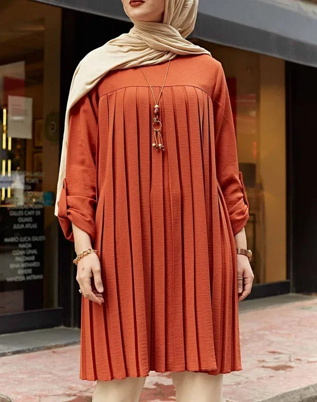 Crisluv™ Modest Pleated Long Shirt – Adjustable Sleeve Islamic O-Neck Top