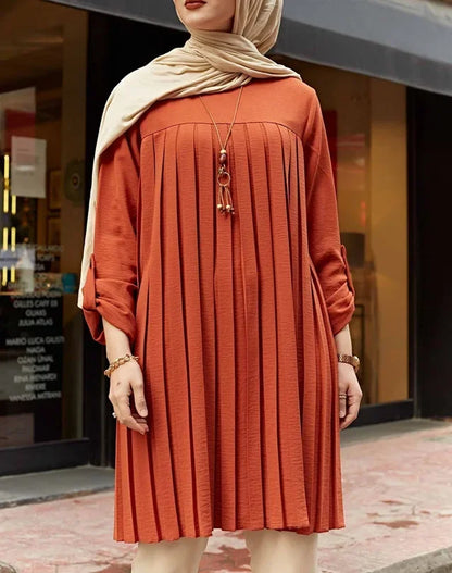 Crisluv™ Modest Pleated Long Shirt – Adjustable Sleeve Islamic O-Neck Top