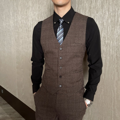 British Men’s Plaid Three-Piece Suit – Korean British Style Business Casual Blazer, Vest &amp; Trousers