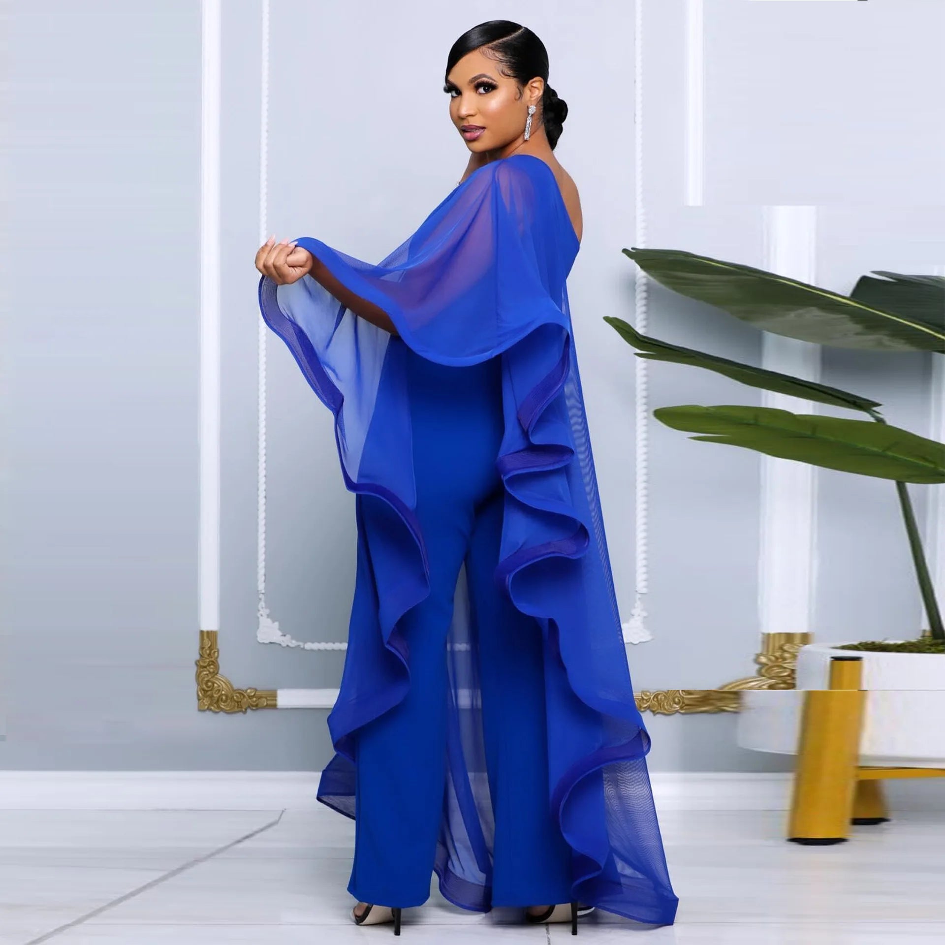 Crisluvᵀᴹ One-Shoulder Ruffle Sleeve Women’s Jumpsuit Elegant Slim Fit Aysmmetric Fashion Autumn