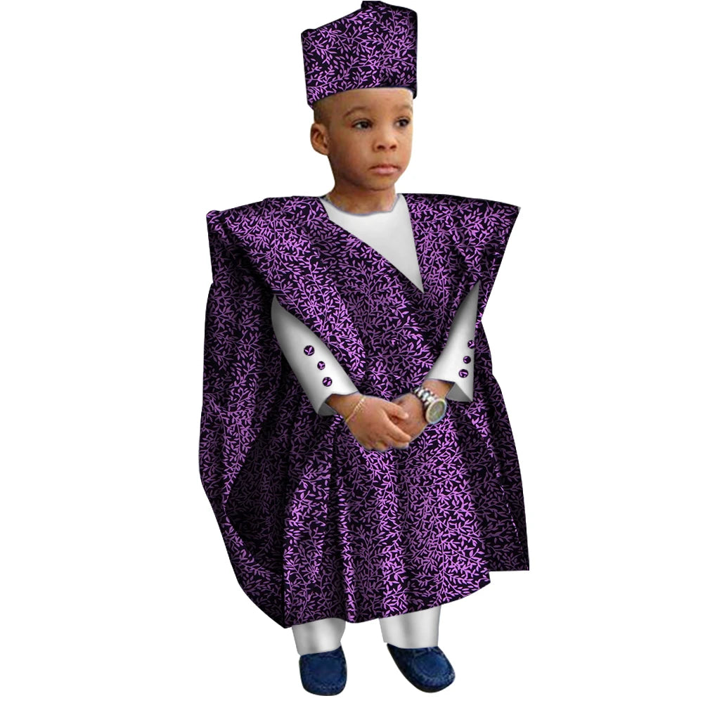 African Clothes with Hat Boy Tops and Pants African Print Clothes for Boys Bazin Riche Dashiki Gown Set WYT200