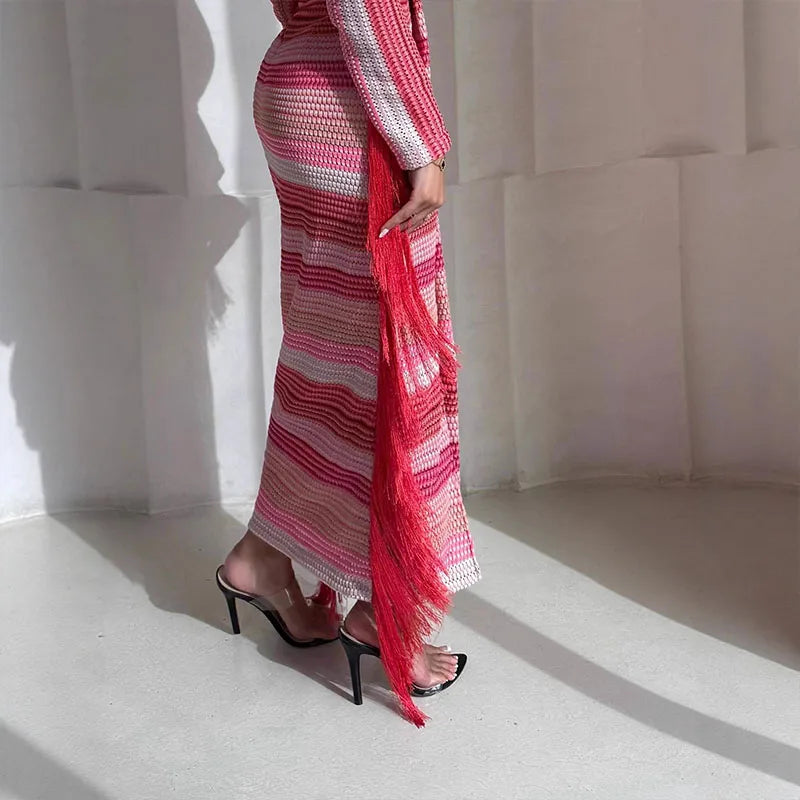 Lady Elegant V-neck Draped Wrap Hip Dress Fashion Stripes Print Tassel Splicing Party Dress Casual Long Sleeve Split Long Dress