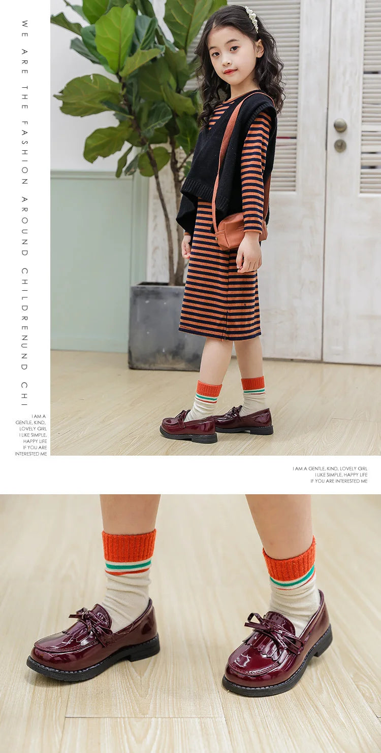 Girls Casual Leather Shoes Kids Flats Tassels with Bow-knot British Style Soft Slip-on Loafers for Wedding Party Bright Skin New