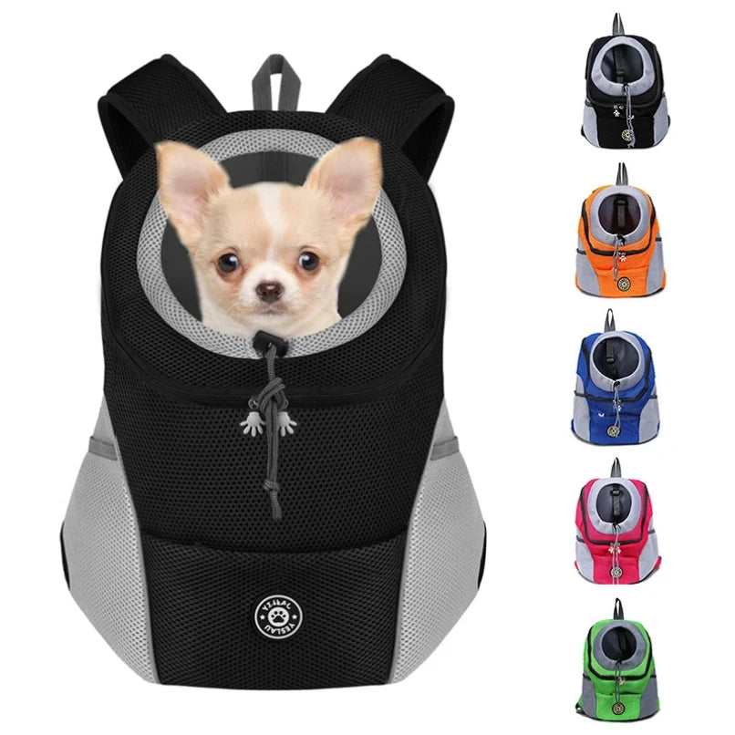 Portable Pet Backpack Carrier for small dogs featuring a cute dog in a black carrier with multiple color options.