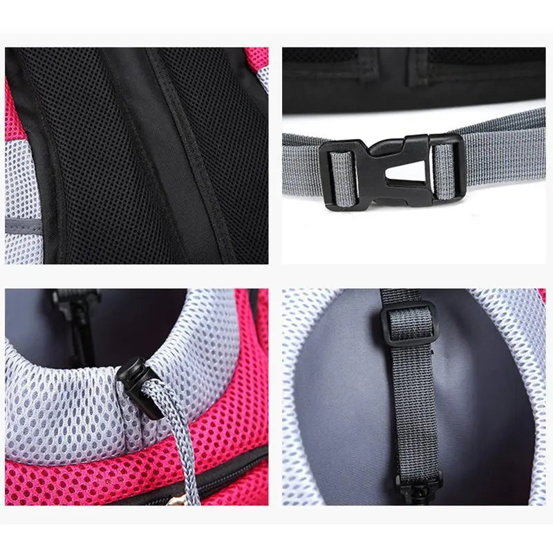 Close-up images of the Portable Pet Backpack Carrier showing buckles and mesh design.