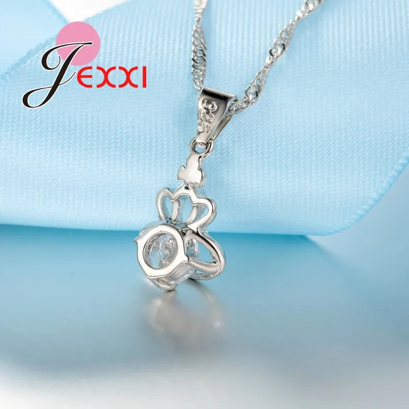 New Arrival 925 Sterling Silver Bridal Jewelry Set Crystal Drop Crown Universe Round Pendant Necklace Earrings Sets
