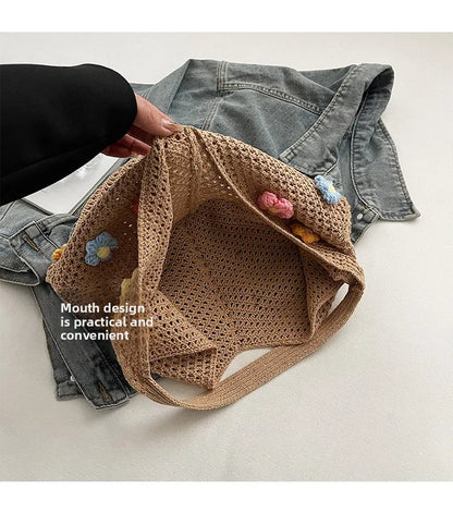 Hollow Mesh Knitted Shoulder Bag Beach Vacation Slouchy Chic Cartoon Tote Bag Lightweight Laid-Back Casual Woven Women Handbag