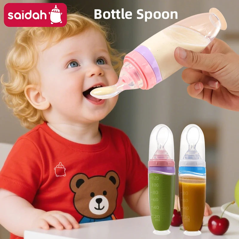 120 ml/4oz Infant Baby Liquid Silicone Food Squeeze Feeder | Fruit Puree &amp; Rice Paste Dispenser | Detachable Spoon