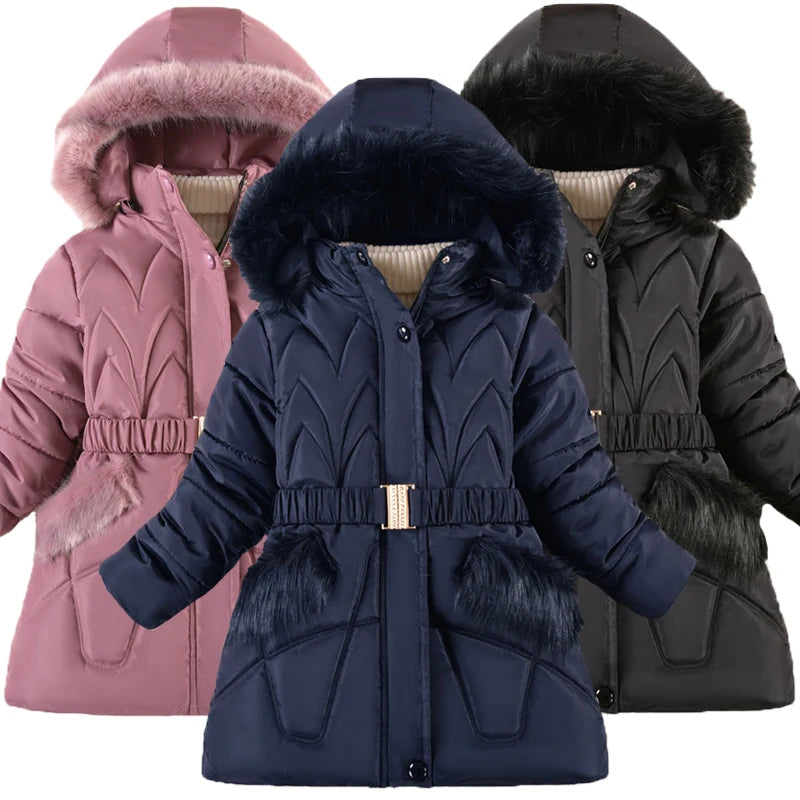 2024 New Winter Keep Warm Girls Jacket  Waist Belt Design Detachable Hat Lining Plush Hooded Heavy Coat For Kids