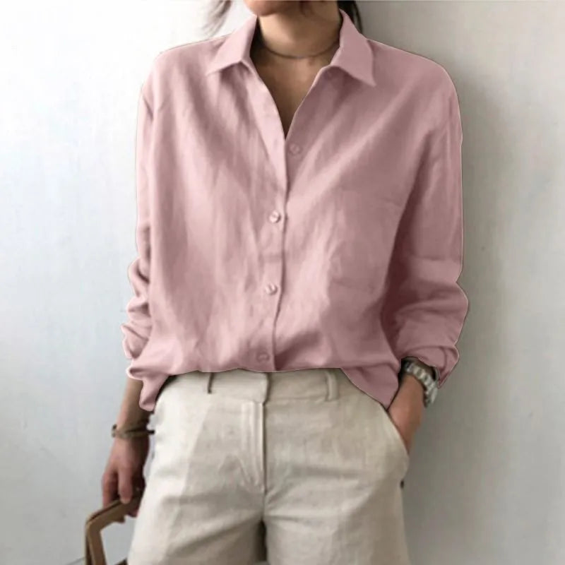 Women Blouses Turn Down Collar Vintage Button Shirts Cardigan Solid Long Sleeve Shirt Outerwear Office Lady Elegant Regular