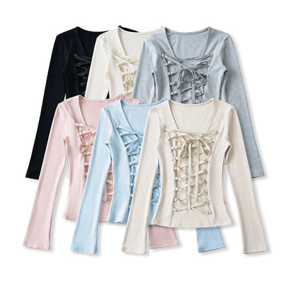 Crisluvᵀᴹ Women’s Y2K Lace-Up V-Neck Cropped Long Sleeve Top