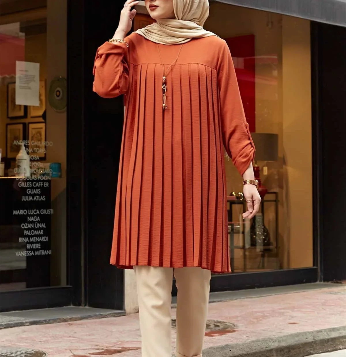 Crisluv™ Modest Pleated Long Shirt – Adjustable Sleeve Islamic O-Neck Top