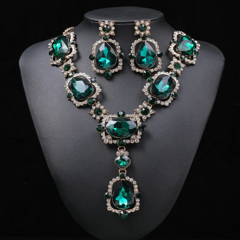 Wedding Jewelry Set Wholesale Big Beautiful Crystal Drop Earrings and Emerald Green Rhinestone Statement Necklace for Women