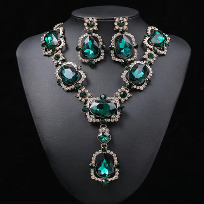 Wedding Jewelry Set Wholesale Big Beautiful Crystal Drop Earrings and Emerald Green Rhinestone Statement Necklace for Women