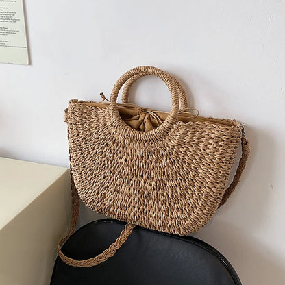 Straw Woven Handbags For Women Handmade Travel Seaside Beach Bag Summer New Handle Bucket Bag Shopping Tote Bag Basket Bolsa
