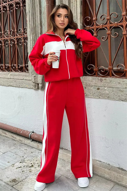 Casual High Neck Zipper Top And Straight Leg Pants Two Piece Set for women Comfortable Leisure